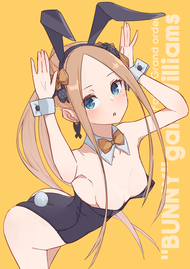1girl abigail_williams_(fate/grand_order) animal_ears arched_back ass bangs bare_shoulders black_bow black_leotard blonde_hair blue_eyes blush bow bowtie breasts bunny_pose bunny_tail bunnysuit character_name collarbone detached_collar earrings fake_animal_ears fate/grand_order fate_(series) forehead hands_up highleg highleg_leotard jewelry kopaka_(karda_nui) leotard long_hair looking_at_viewer multiple_bows open_mouth orange_bow parted_bangs polka_dot polka_dot_bow rabbit_ears small_breasts tail thighs twintails wrist_cuffs yellow_background