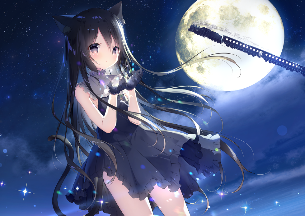 1girl animal_ear_fluff animal_ears bangs black_dress black_gloves black_hair blush cat_ears cat_girl cat_tail closed_mouth clouds commentary_request dress dutch_angle eyebrows_visible_through_hair frilled_dress frills full_moon gloves grey_eyes ground_vehicle hair_between_eyes hands_up long_hair looking_at_viewer moon night night_sky original outdoors shiratama_(shiratamaco) sky sleeveless sleeveless_dress solo standing tail train very_long_hair
