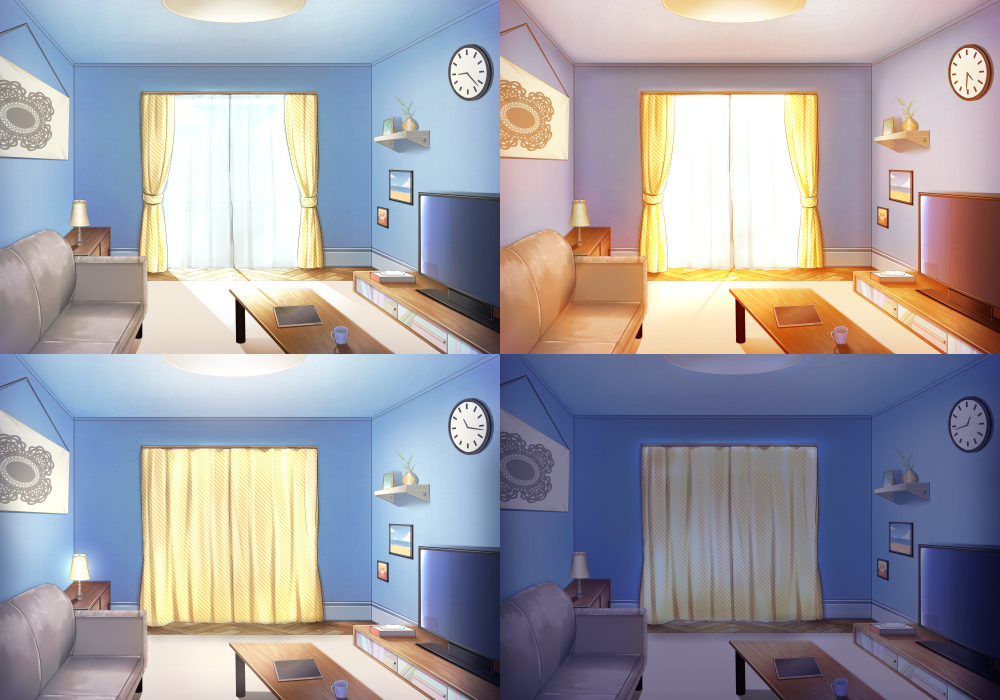 clock couch cup curtains flat_screen_tv indoors lamp mug night no_humans original painting_(object) plant potted_plant reflection scenery shelf sunlight sunset suzu_(minagi) table tablet_pc television time_lapse tissue_box transparent wall_clock window