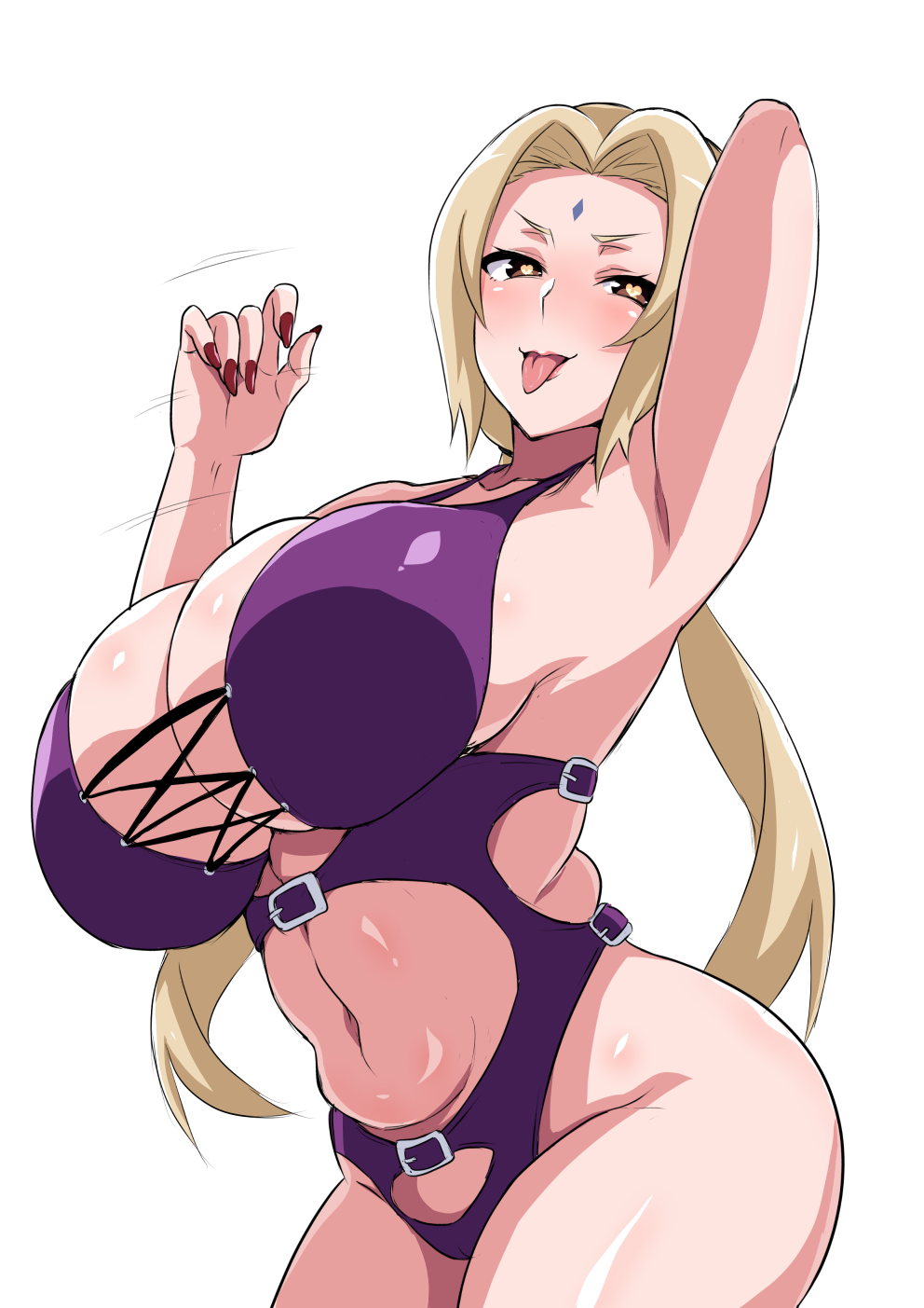 1girl alternate_costume arm_up armpits belly blonde_hair blush bondage_outfit breasts brown_eyes cowboy_shot facial_mark forehead_mark heart heart-shaped_pupils highres large_breasts long_hair looking_at_viewer low_twintails mature naruto naruto_(series) naughty_face navel plump red_nails revealing_clothes skindentation solo symbol-shaped_pupils tawashi1623 tongue tongue_out tsunade twintails