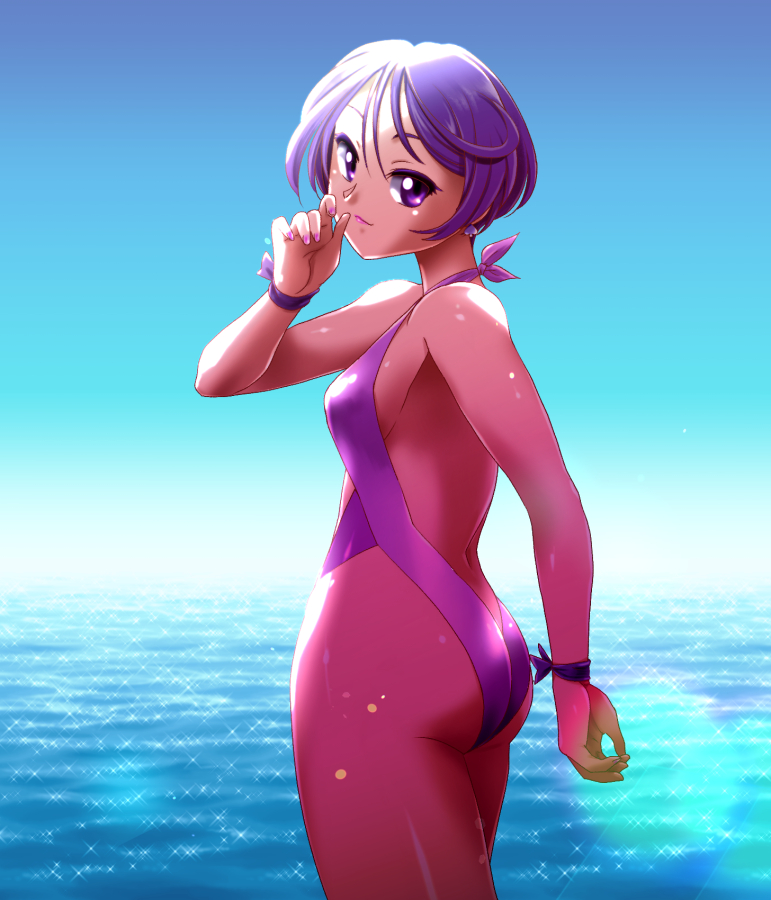 1girl asada_okina ass bare_shoulders breasts day dokidoki!_precure from_behind kenzaki_makoto looking_at_viewer looking_back ocean one-piece_swimsuit precure purple_hair purple_swimsuit shiny shiny_clothes shiny_hair shiny_skin short_hair small_breasts smile solo standing swimsuit violet_eyes water