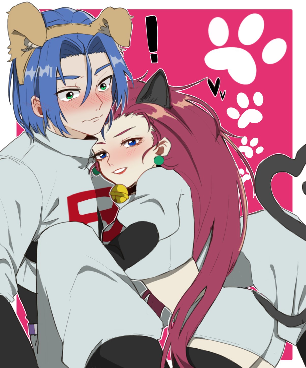 1boy 1girl animal_ears blue_eyes blue_hair blush cat_ears cat_tail delardio_omu dog_ears dog_tail earrings green_eyes highres james_(pokemon) jessie_(pokemon) jewelry paw_print pokemon redhead tail