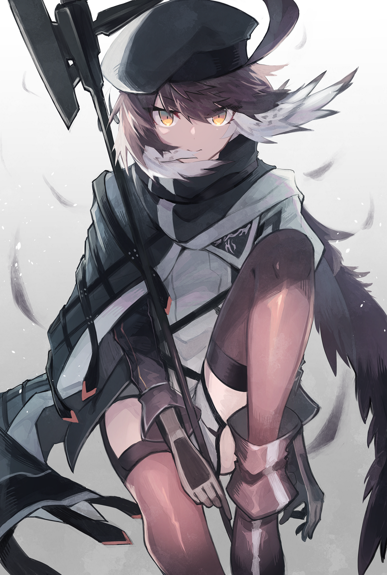 1girl ahoge arknights beret black_cloak black_headwear brown_eyes brown_hair brown_legwear cloak gloves halberd hat holding holding_polearm holding_weapon multicolored_hair plume_(arknights) polearm sasa_onigiri short_hair solo thigh-highs two-tone_hair weapon white_hair