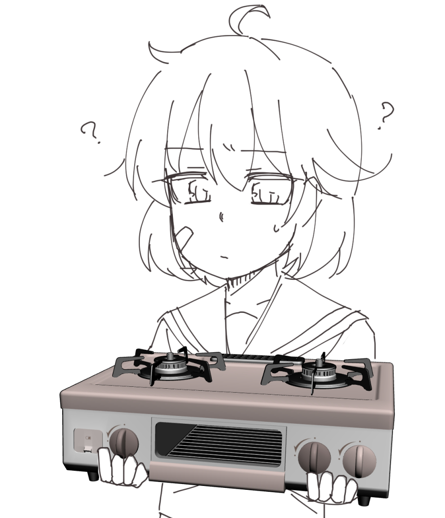 1girl 3d ? ahoge bandaid bandaid_on_face closed_mouth commentary confused holding_stove kantai_collection oboro_(kantai_collection) partially_colored school_uniform serafuku short_hair simple_background solo stove sweatdrop tatahai upper_body white_background