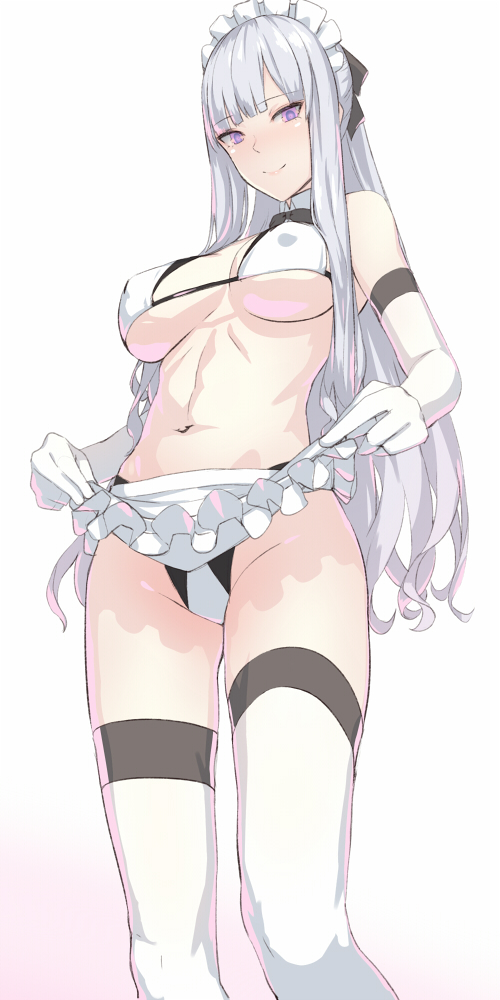 1girl ak-12_(girls_frontline) apron apron_lift bangs bikini blush breasts breasts_apart closed_eyes covered_nipples eyebrows_visible_through_hair feet_out_of_frame girls_frontline groin kageshio_(276006) large_breasts long_hair maid_apron maid_headdress navel sidelocks silver_hair smile solo swimsuit thigh-highs two-tone_bikini violet_eyes