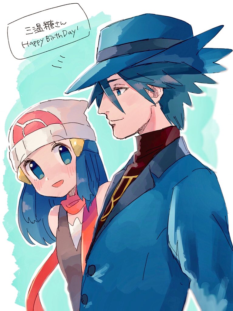 1boy 1girl bangs bare_shoulders beanie blue_eyes blue_hair blue_headwear blue_jacket blush buttons closed_mouth commentary_request hikari_(pokemon) eyebrows_visible_through_hat hair_ornament hairclip hanenbo happy_birthday hat jacket long_hair pokemon pokemon_(game) pokemon_dppt red_scarf riley_(pokemon) scarf smile spiky_hair translation_request turtleneck upper_body white_headwear