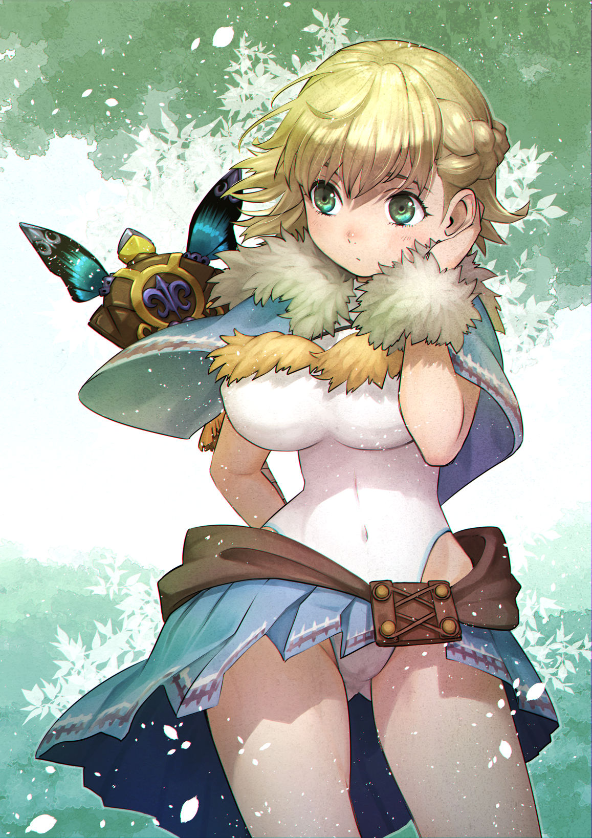 1girl aqua_eyes arm_behind_back ass_visible_through_thighs blonde_hair braid breasts capelet closed_mouth covered_navel covered_nipples cowboy_shot eyebrows_behind_hair final_fantasy final_fantasy_crystal_chronicles fur_trim hand_on_own_face highleg highleg_leotard highres impossible_clothes impossible_leotard kalua large_breasts leotard looking_to_the_side selkie short_hair simple_background skirt solo staff thighs white_leotard wide_hips wrist_cuffs