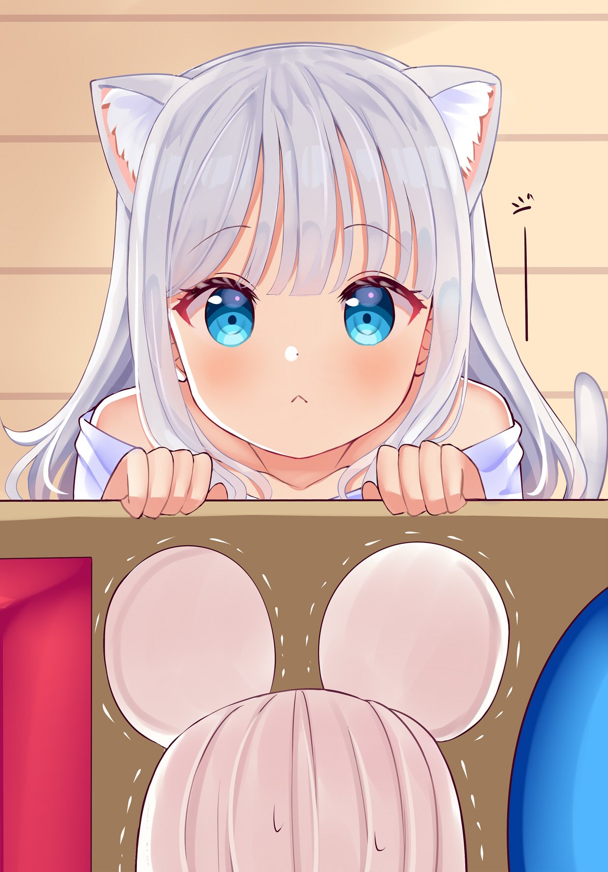 2girls :&lt; animal_ears blue_eyes cat_ears cat_girl cat_tail closed_mouth highres long_hair looking_at_viewer minigirl mizukoshi_(marumi) mouse_ears mouse_girl multiple_girls off-shoulder_shirt off_shoulder original shirt staring sweatdrop tail trembling white_hair white_shirt