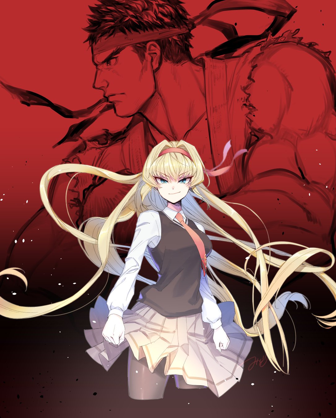 1boy 1girl blonde_hair blue_eyes breasts commentary_request eyebrows_visible_through_hair gloves hair_between_eyes hairband highres large_breasts long_hair long_sleeves looking_at_viewer mikado-robo muscle necktie pantyhose red_background ryuu_(street_fighter) school_uniform simple_background skirt smirk standing street_fighter very_long_hair