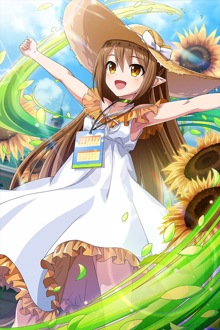 1girl alternate_hairstyle bangs blush brown_eyes brown_hair clouds day dress elf flower grass hair_down hands_up hat long_hair nowa official_art open_mouth outdoors petals pointy_ears queen's_blade queen's_blade_unlimited queen's_blade_white_triangle sky straw_hat sun_hat sundress sunflower thighs very_long_hair white_dress wind