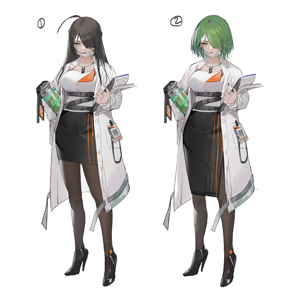 1girl ahoge bangs black_footwear black_hair black_skirt breasts brown_eyes brown_legwear carrying_under_arm character_request closed_mouth collarbone girls_frontline green_hair hair_over_one_eye hand_in_pocket high_heels holding id_card jewelry labcoat long_hair long_sleeves mask mask_pull medium_breasts mouth_mask multiple_views official_art open_clothes pantyhose pencil_skirt ring shirt shoes short_hair simple_background skirt standing surgical_mask watermark white_background white_shirt whoisshe