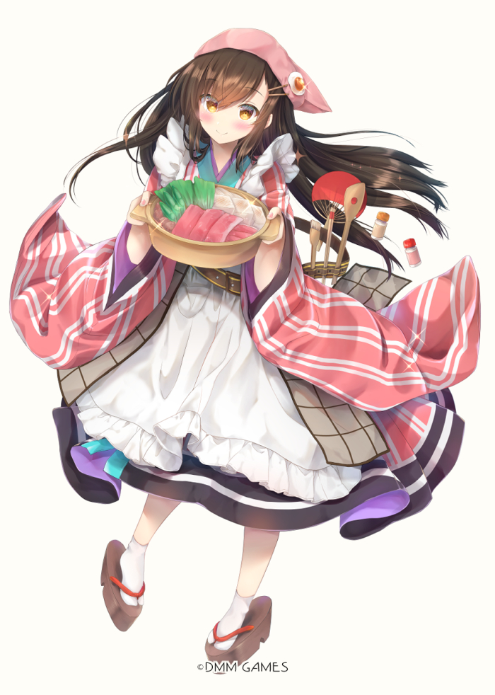 1girl apron bangs black_hair blush brown_eyes brown_footwear character_request closed_mouth commentary_request eyebrows_visible_through_hair fan food frilled_apron frills full_body hair_between_eyes hair_ornament hairclip head_scarf holding japanese_clothes kimono long_hair long_sleeves looking_at_viewer maid_apron maruma_(maruma_gic) official_art paper_fan pink_kimono platform_footwear sennen_sensou_aigis simple_background smile socks solo uchiwa very_long_hair wa_maid watermark white_apron white_background white_legwear wide_sleeves zouri