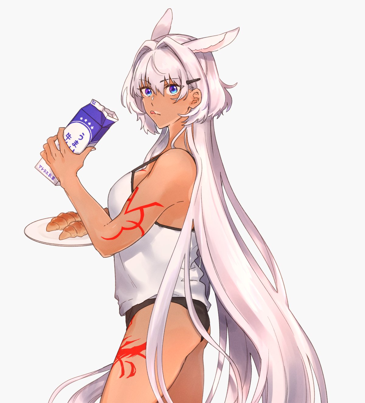 :q animal_ears ass bangs bare_shoulders black_panties blue_background blue_eyes breasts caenis_(fate) croissant dark_skin fate/grand_order fate_(series) food hair_ornament hairclip highres horse_ears long_hair milk_carton nezunomori panties plate silver_hair simple_background tattoo tongue tongue_out underwear very_long_hair