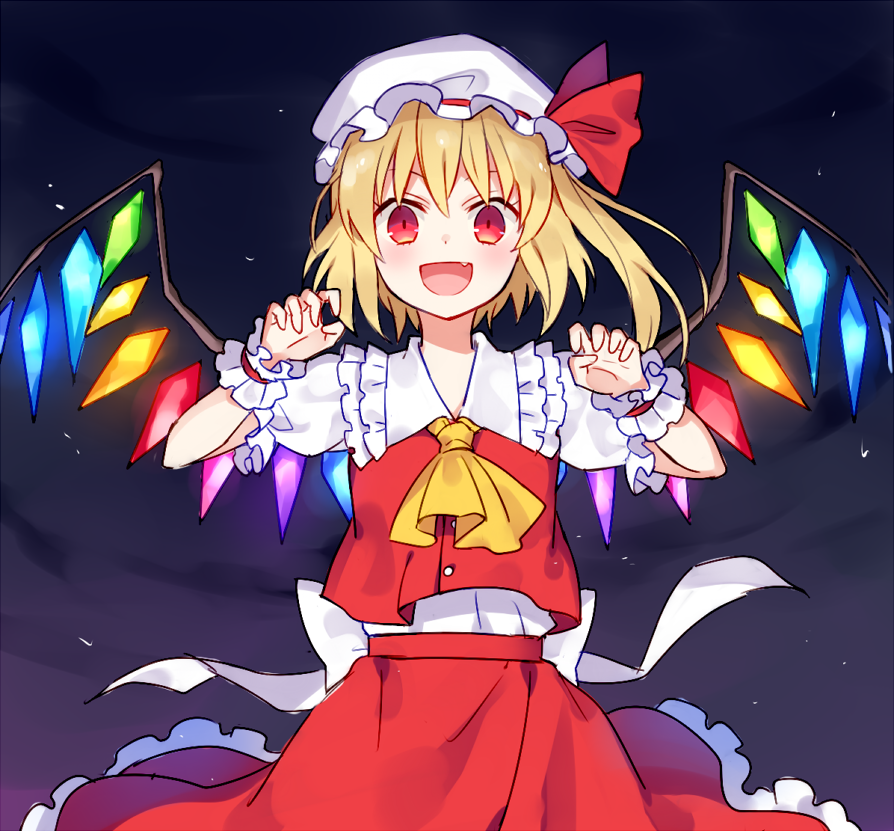 1girl :d ascot bangs blonde_hair bow claw_pose commentary_request crystal eyebrows_behind_hair fang flandre_scarlet frilled_shirt_collar frilled_skirt frilled_sleeves frills hat hat_bow hat_ribbon kaminokefusa looking_at_viewer medium_hair mob_cap night open_mouth puffy_short_sleeves puffy_sleeves red_bow red_eyes red_skirt red_vest ribbon shirt short_sleeves side_ponytail skirt skirt_set smile solo touhou vest white_shirt wings wrist_cuffs yellow_neckwear