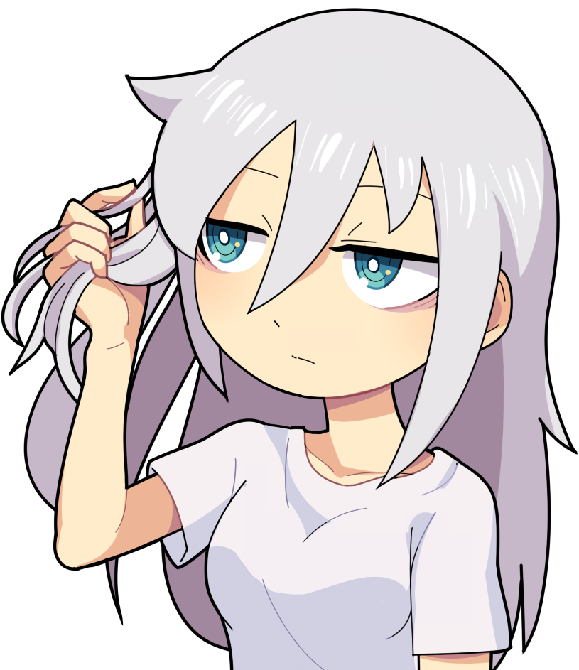 1girl alternate_hair_color bags_under_eyes bangs casual closed_mouth commentary green_eyes grey_shirt hair_between_eyes hand_in_hair hospital_king kuroki_tomoko long_hair looking_to_the_side shirt silver_hair simple_background solo upper_body watashi_ga_motenai_no_wa_dou_kangaetemo_omaera_ga_warui!