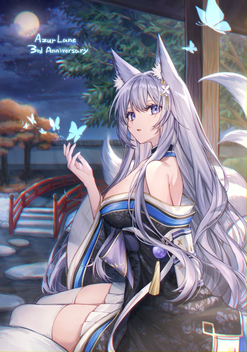 1girl animal_ear_fluff animal_ears anniversary azur_lane bangs bare_shoulders blue_butterfly breasts choker commentary_request floral_print fox_ears hair_between_eyes hair_ornament hand_up japanese_clothes kimono kitsune koyukomu large_breasts looking_at_viewer moon multiple_tails night obi off-shoulder_kimono parted_lips purple_hair sash shinano_(azur_lane) sitting solo tail thigh-highs violet_eyes white_legwear