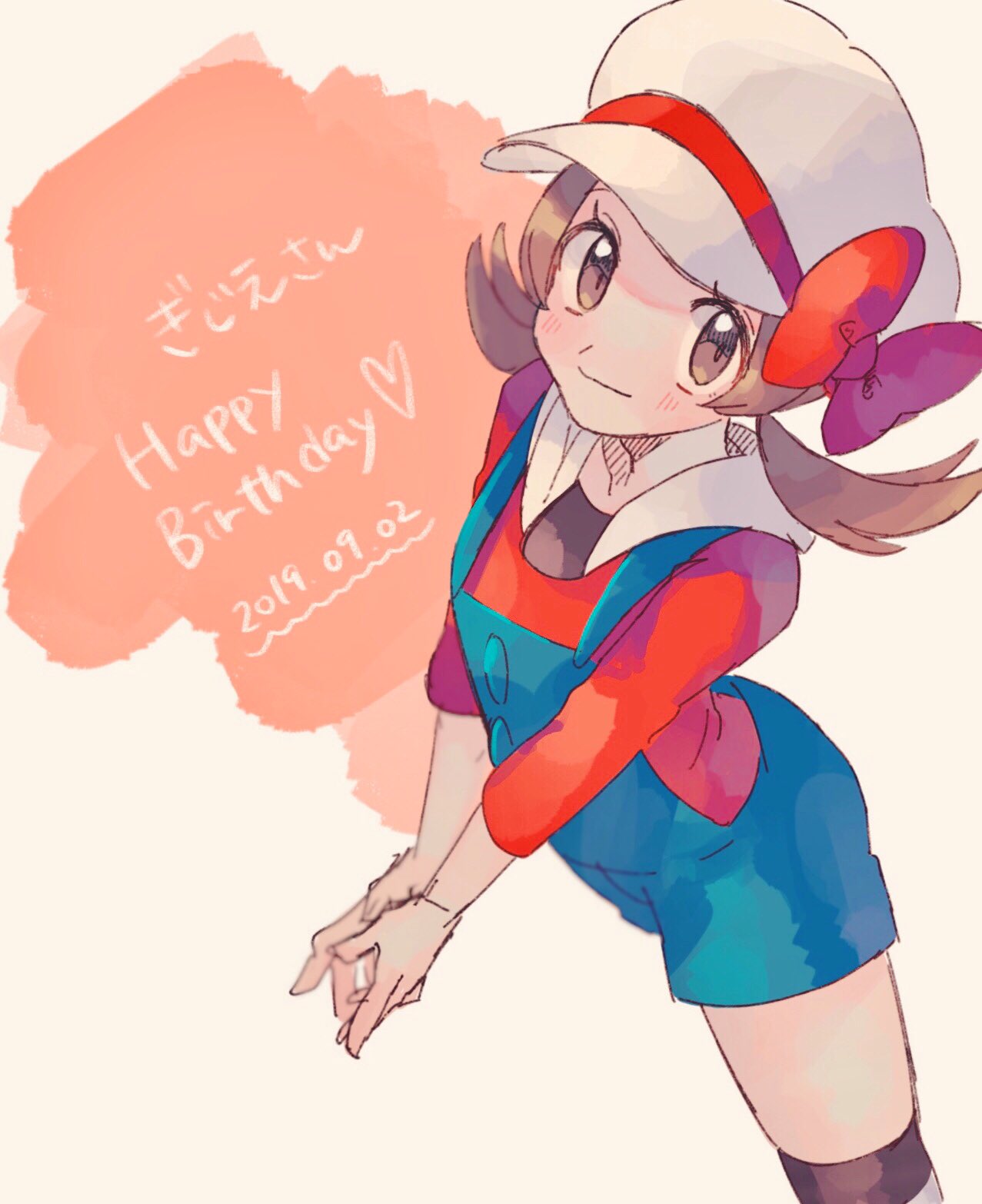 1girl blush bow brown_eyes brown_hair closed_mouth commentary_request dated hands_together hanenbo happy_birthday hat hat_ribbon heart highres looking_at_viewer looking_up lyra_(pokemon) overalls pokemon pokemon_(game) pokemon_hgss red_bow ribbon sketch sleeves_past_elbows smile solo thigh-highs twintails white_headwear