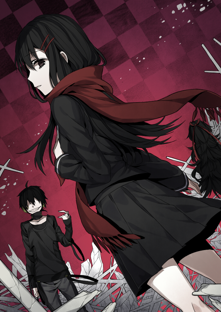 1boy 2girls alternate_eye_color alternate_hair_color arm_at_side azami_(kagerou_project) bangs black_eyes black_hair black_serafuku black_shirt black_skirt black_sweater checkered_background clenched_teeth dark_konoha dutch_angle enpera faceless faceless_male facing_viewer from_behind grey_pants hair_between_eyes hair_ornament hair_ribbon hairclip hand_on_own_chest kagerou_project konoha_(kagerou_project) long_hair long_sleeves looking_to_the_side mekakucity_actors multiple_girls no_eyes open_mouth pants parted_lips pleated_skirt red_ribbon red_scarf ribbon scarf school_uniform serafuku shirt short_hair skirt smile solo_focus sweater t-shirt tateyama_ayano teeth turning_head wavy_hair wonoco0916