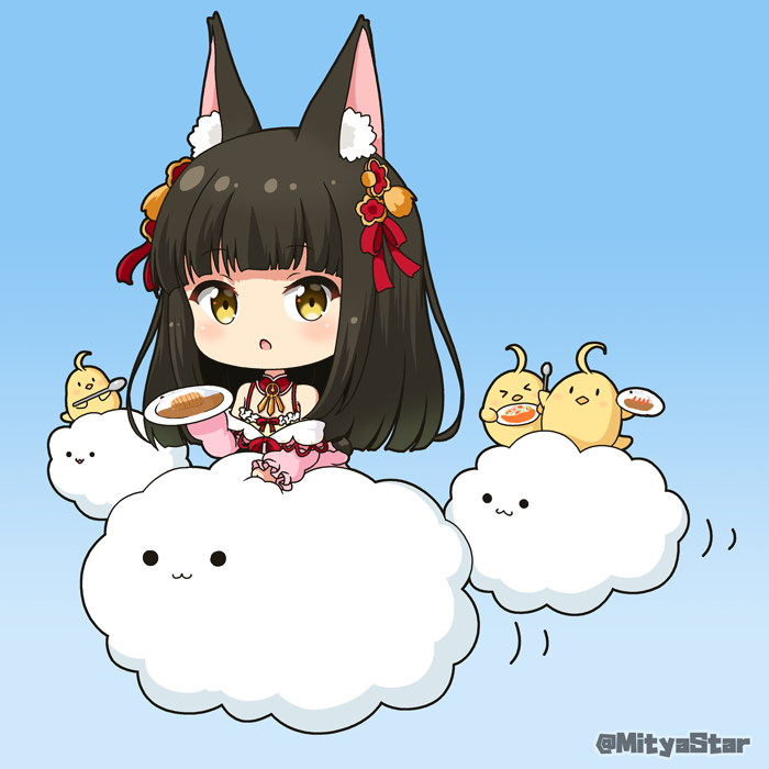 &gt;_&lt; 1girl :o animal_ear_fluff animal_ears azur_lane bangs bare_shoulders black_hair blue_background blush brown_eyes closed_eyes clouds commentary_request curry curry_rice eyebrows_visible_through_hair food fox_ears gradient gradient_background hair_ornament holding holding_plate holding_spoon jacket long_hair long_sleeves looking_at_viewer manjuu_(azur_lane) miicha nagato_(azur_lane) off_shoulder parted_lips pink_jacket plate puffy_long_sleeves puffy_sleeves rice solid_circle_eyes solo spoon twitter_username very_long_hair