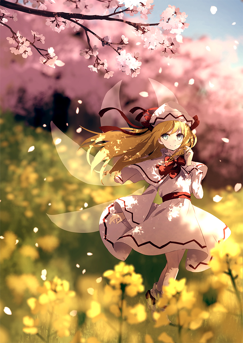 1girl blonde_hair blue_eyes blurry blurry_background blurry_foreground bow bowtie capelet cherry_blossoms dappled_sunlight depth_of_field dise dress fairy_wings hand_up hat highres lily_white long_hair long_sleeves outdoors rapeseed_blossoms red_neckwear ribbon sash scenery shoes smile socks solo spring_(season) standing sunlight touhou wide_sleeves wings