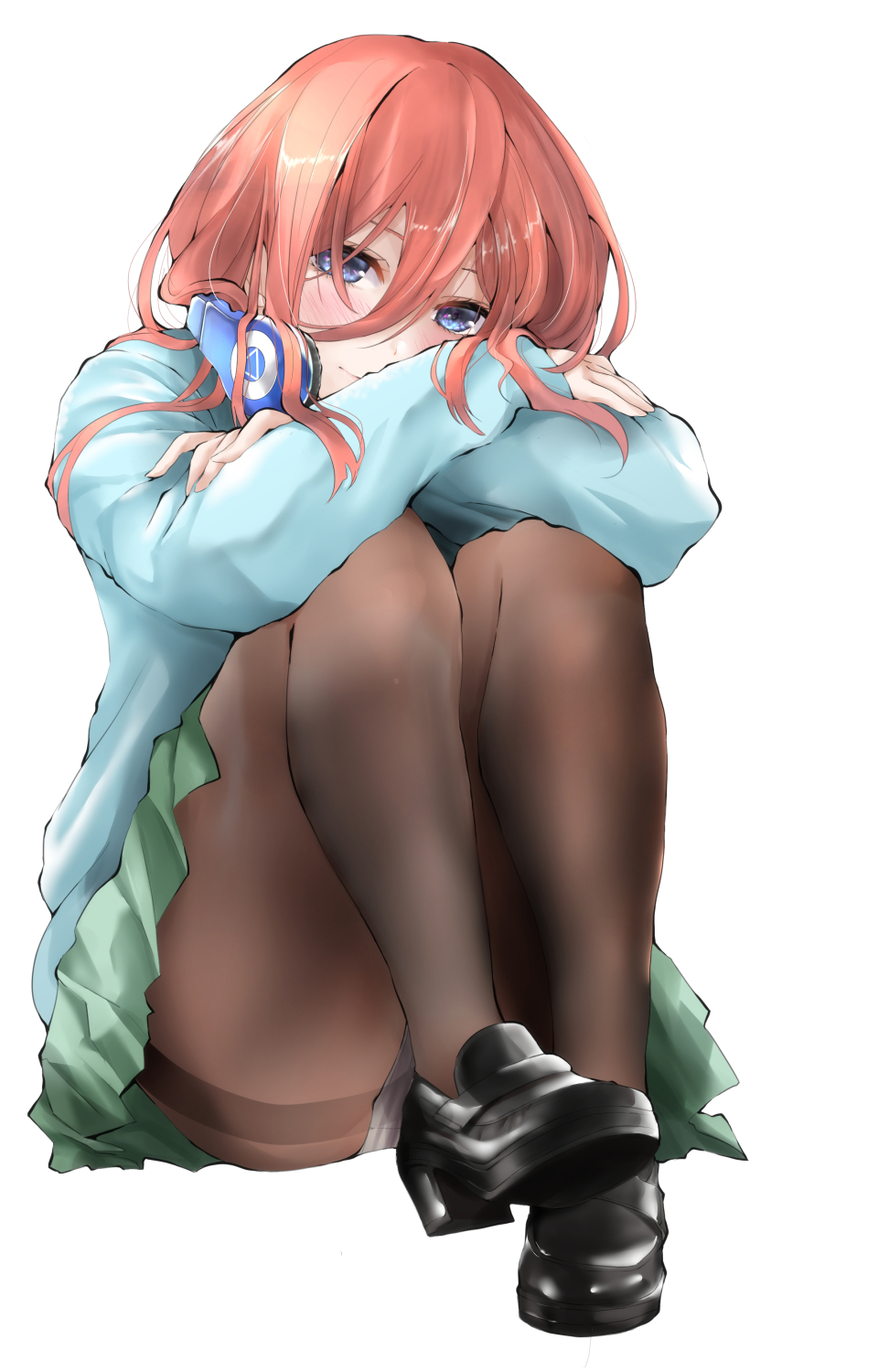 1girl bangs black_footwear black_legwear blue_cardigan blue_eyes blush brown_hair cardigan closed_mouth crossed_arms go-toubun_no_hanayome graphite_(medium) green_skirt hair_between_eyes head_rest headphones headphones_around_neck highres knees_up loafers long_hair long_sleeves looking_at_viewer nakano_miku pantyhose shirt shoes simple_background sitting skirt smile solo tororo_ten traditional_media white_background