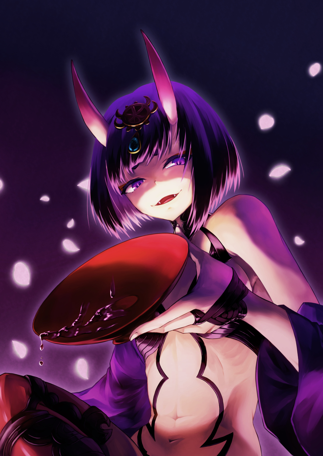 1girl bob_cut cup eyeliner fangs fate/grand_order fate_(series) headpiece highres holding holding_cup horns japanese_clothes juunishi_aya kimono makeup navel oni oni_horns open_clothes open_kimono purple_hair purple_kimono revealing_clothes sakazuki short_eyebrows short_hair shuten_douji_(fate/grand_order) skin-covered_horns solo upper_body violet_eyes