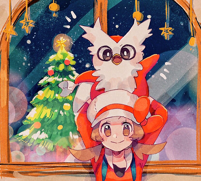 1girl arms_up blush bow brown_eyes brown_hair christmas christmas_tree closed_mouth commentary_request delibird eyelashes gen_2_pokemon glowing hanenbo hat hat_ribbon holding holding_pokemon looking_at_viewer lyra_(pokemon) on_head overalls pokemon pokemon_(creature) pokemon_(game) pokemon_hgss pokemon_on_head red_bow ribbon sleeves_past_elbows smile star_(symbol) twintails white_headwear