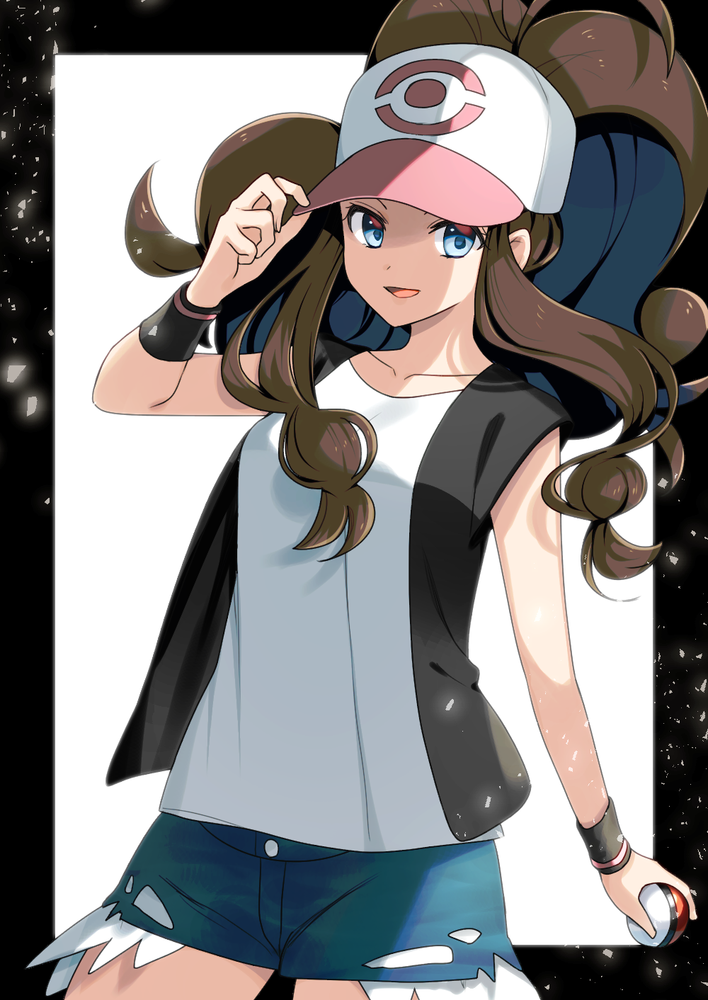 1girl :d bare_shoulders baseball_cap black_border black_vest blue_eyes border breasts brown_hair collarbone commentary_request cowboy_shot curly_hair cutoffs denim denim_shorts exposed_pocket hand_up hat high_ponytail highres hilda_(pokemon) holding holding_clothes holding_hat holding_poke_ball long_hair looking_at_viewer medium_breasts open_mouth poke_ball poke_ball_(basic) pokemon pokemon_(game) pokemon_bw ponytail shirt short_shorts shorts sidelocks simple_background sleeveless sleeveless_shirt smile solo standing vest white_background white_shirt wristband yuihico