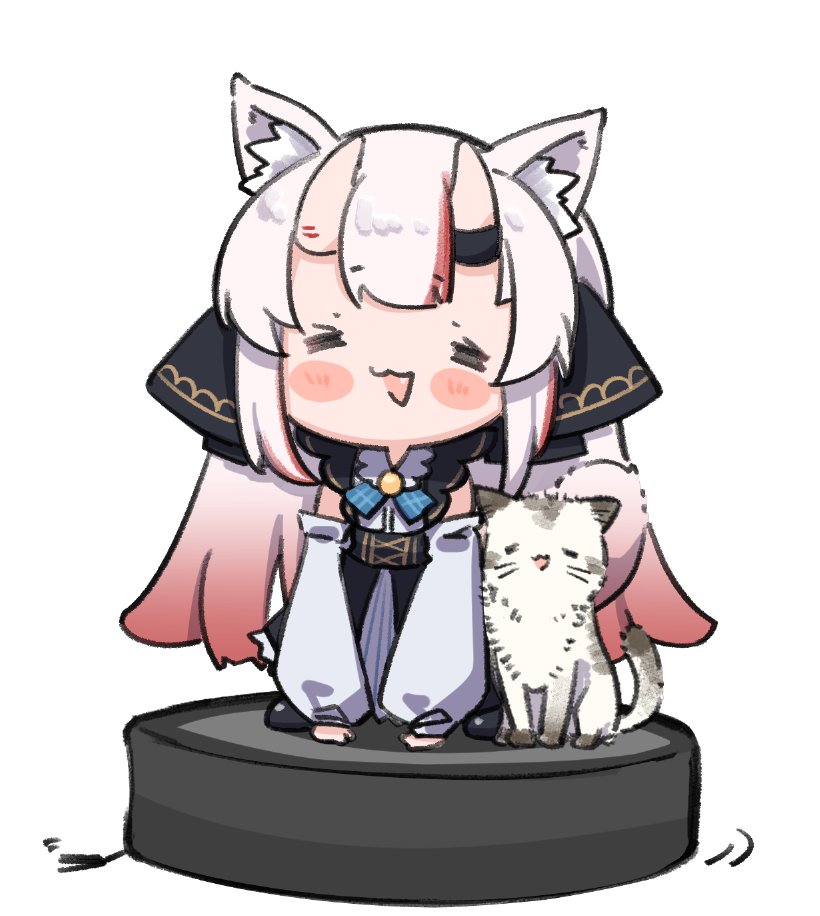 1girl :3 :d =_= animal_ears blush cat cat_ears chibi detached_sleeves gradient_hair hololive horns kemonomimi_mode multicolored_hair nakiri_ayame namaonpa open_mouth redhead roomba simple_background smile virtual_youtuber white_background white_hair