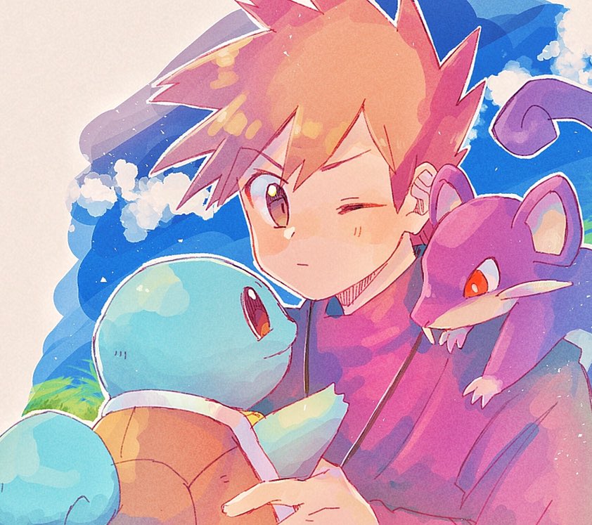 1boy bangs blue_oak blush brown_eyes closed_mouth clouds commentary_request day eyebrows_visible_through_hair gen_1_pokemon grass hanenbo holding holding_pokemon looking_to_the_side on_shoulder one_eye_closed orange_hair outdoors pokemon pokemon_(creature) pokemon_(game) pokemon_on_shoulder pokemon_rgby rattata sky spiky_hair squirtle upper_body