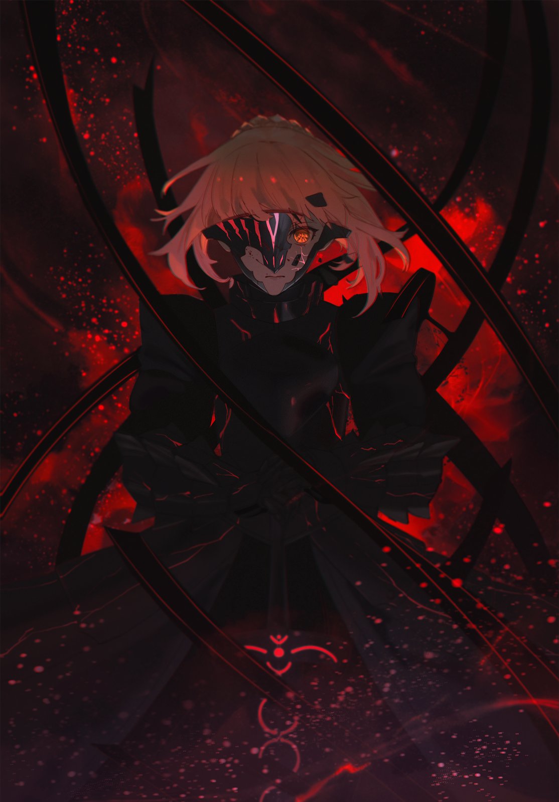 1girl armor armored_dress artoria_pendragon_(all) blonde_hair braid breastplate broken_armor dark_persona excalibur_morgan expressionless fate_(series) french_braid gauntlets glowing_veins hands_on_hilt highres looking_at_viewer nilzynox red_eyes saber_alter sketch solo visor_(armor)