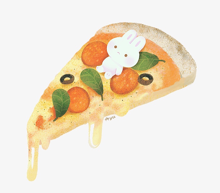 ayu_(mog) lying no_humans on_back original pepperoni pizza_slice rabbit signature simple_background white_background