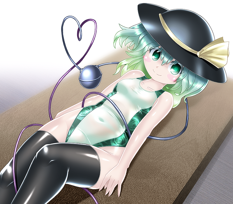 1girl bow breasts come_hither competition_swimsuit eyeball green_eyes green_hair hat hat_bow hat_ribbon heart heart_of_string komeiji_koishi one-piece_swimsuit ribbon shiny shiny_clothes small_breasts smile solo swimsuit thigh-highs third_eye touhou wavy_hair winn