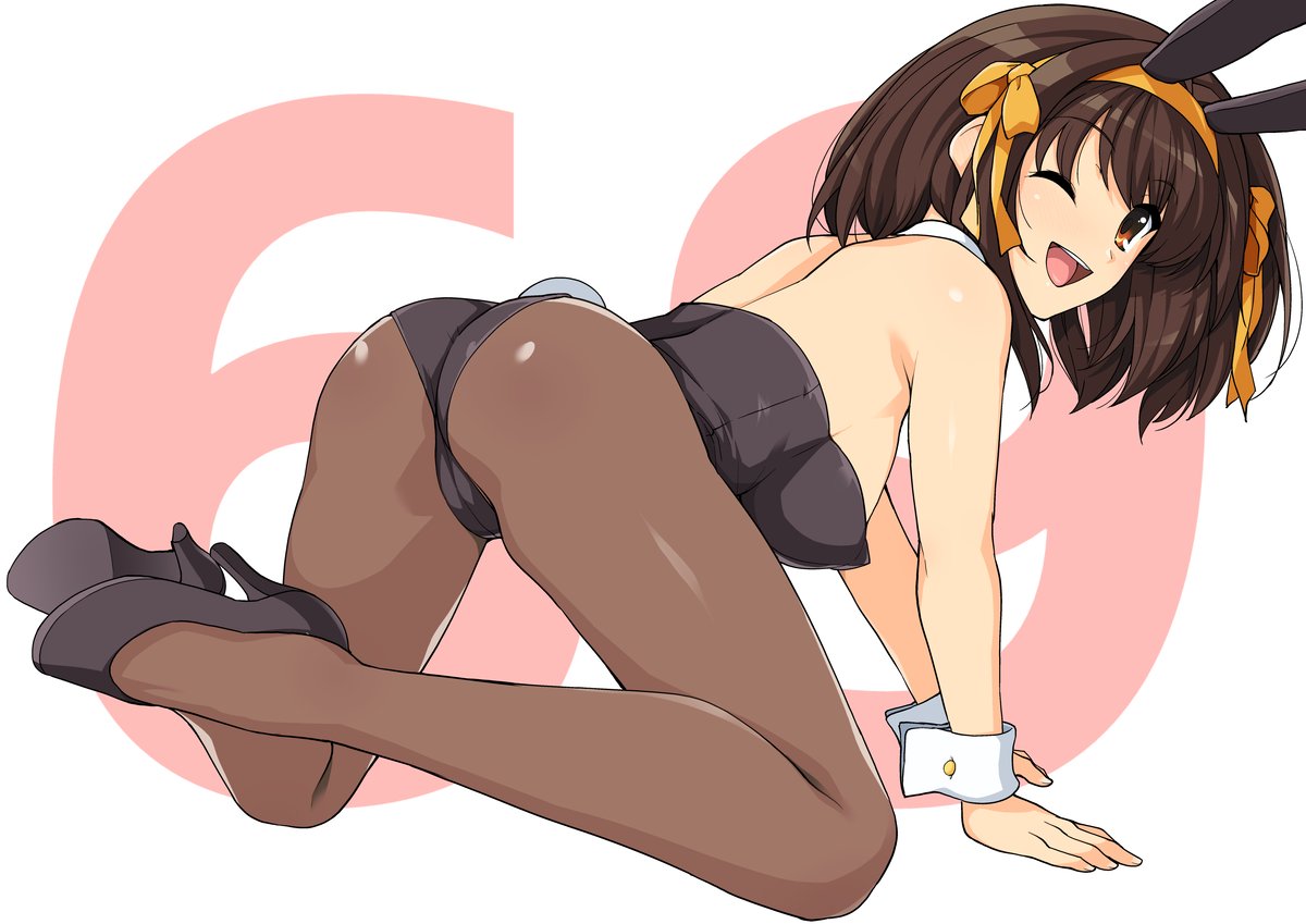 1girl all_fours animal_ears ass bangs bare_shoulders black_footwear black_leotard blush brown_eyes brown_hair bunny_tail bunnysuit commentary_request eyebrows_visible_through_hair fake_animal_ears full_body hair_ornament hairband haruhisky high_heels highleg highleg_leotard leotard looking_at_viewer looking_back one_eye_closed open_mouth pantyhose rabbit_ears shiny shiny_clothes shiny_hair shiny_skin short_hair simple_background smile solo strapless strapless_leotard suzumiya_haruhi suzumiya_haruhi_no_yuuutsu tail wrist_cuffs