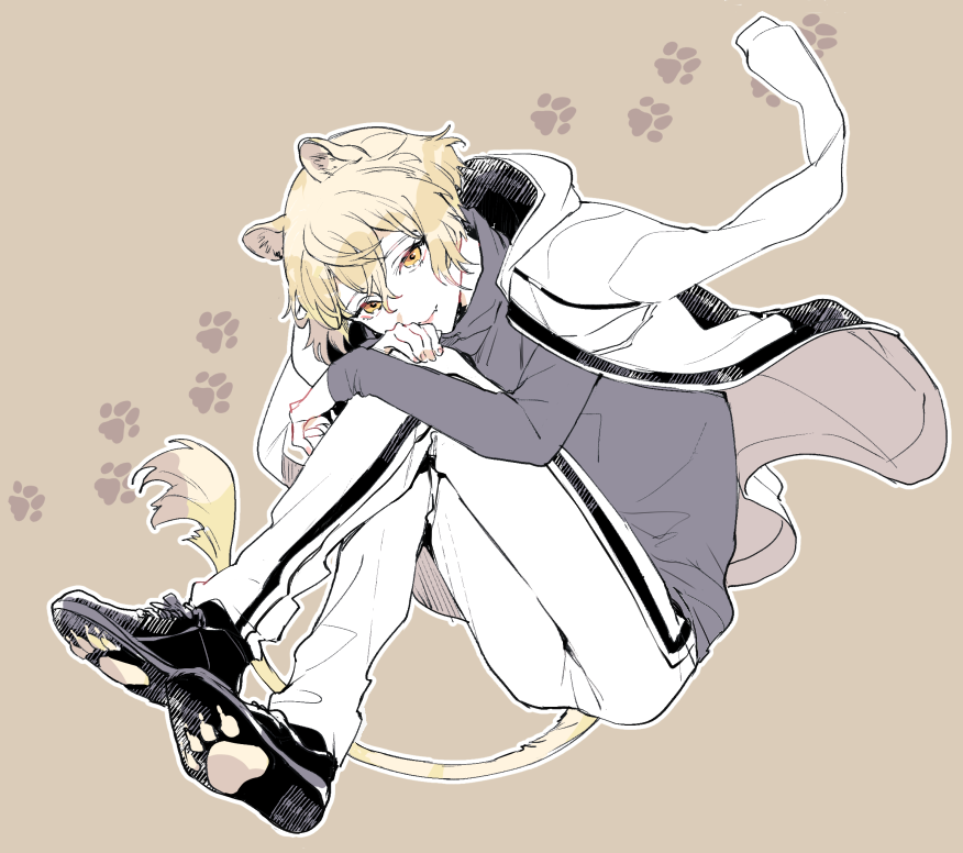 1boy animal_ears blonde_hair fang higekiri_(touken_ranbu) jacket jacket_on_shoulders kemonomimi_mode kuroemon lion_ears lion_tail male_focus pants paw_print shoes smile sneakers tail touken_ranbu track_jacket track_pants turtleneck yellow_eyes