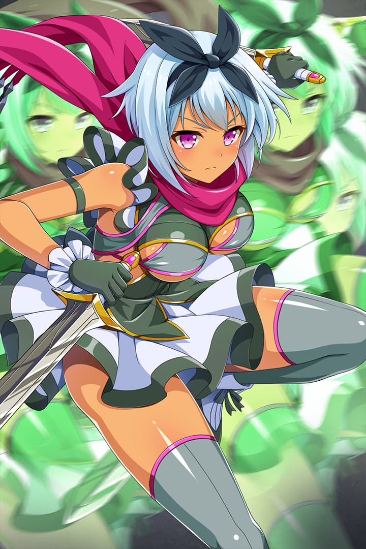 1girl afterimage blue_hair blush bow breasts closed_mouth dress dual_wielding grey_legwear hair_bow holding holding_weapon irma medium_breasts official_art pink_eyes queen's_blade queen's_blade_unlimited queen's_blade_white_triangle scarf short_dress short_hair short_sword skindentation solo sword tan thigh-highs weapon