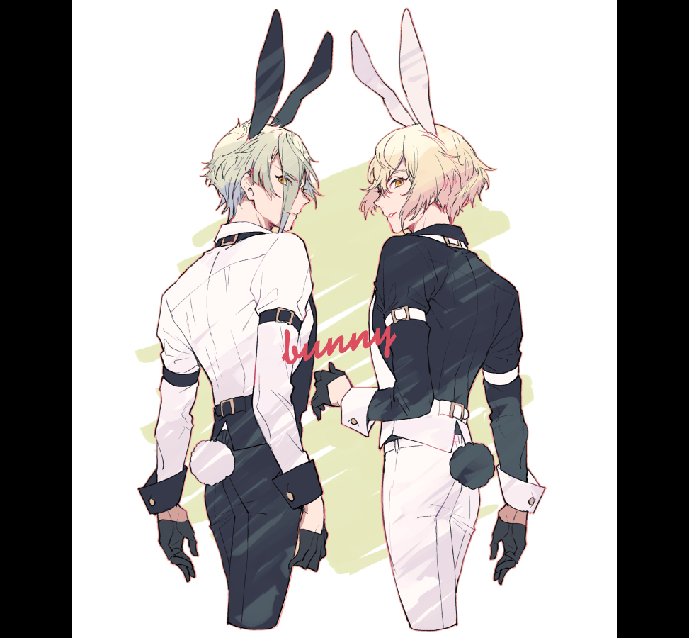 2boys animal_ears belt black_gloves black_pants blonde_hair bunny_boy bunny_tail collared_shirt cropped_legs english_text eyes_visible_through_hair from_behind gloves green_hair higekiri_(touken_ranbu) hizamaru_(touken_ranbu) kuroemon looking_back male_focus multiple_boys pants rabbit_ears shirt smile tail touken_ranbu waistcoat white_pants yellow_eyes