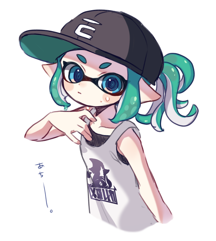 1girl aqua_eyes bangs baseball_cap basketball_jersey black_headwear blunt_bangs closed_mouth commentary cropped_torso domino_mask green_hair grey_background hat inkling light_frown looking_at_viewer maco_spl mask pointy_ears print_shirt shirt short_hair short_ponytail sidelocks simple_background solo splatoon_(series) sweat tentacle_hair translated upper_body white_shirt