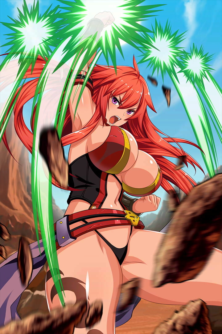 1girl arm_strap attack belt black_panties breasts club day hair_between_eyes highleg highleg_panties large_breasts long_hair looking_at_viewer mace official_art open_mouth outdoors panties pink_eyes queen's_blade queen's_blade_unlimited queen's_blade_white_triangle redhead revealing_clothes risty shield solo spiked_club tan thighs underwear vambraces weapon