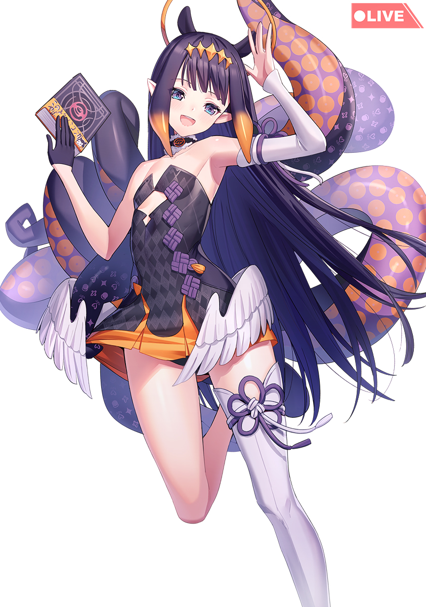 1girl :d animal_ears arm_up armpits ass_visible_through_thighs bangs bare_shoulders black_dress black_gloves black_hair blue_eyes blush book brown_hair collarbone commentary detached_sleeves dress eyebrows_visible_through_hair feathered_wings gloves gradient_hair half_gloves halo hand_up highres hololive long_hair looking_at_viewer low_wings multicolored_hair ninomae_ina'nis open_mouth ririko_(zhuoyandesailaer) simple_background single_detached_sleeve single_thighhigh smile solo standing standing_on_one_leg strapless strapless_dress tentacles thigh-highs very_long_hair virtual_youtuber white_background white_legwear white_sleeves white_wings wings