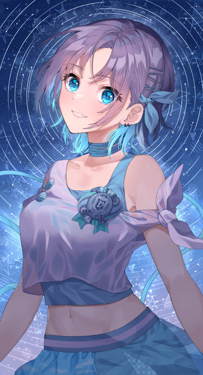 1girl asakura_tooru bangs bare_shoulders blue_choker blue_eyes blue_hair blue_ribbon blue_skirt blush choker collarbone commentary_request cowboy_shot crop_top earrings emblem eyebrows_visible_through_hair gradient_hair hair_ornament hair_ribbon hairclip highres idolmaster idolmaster_shiny_colors jewelry looking_at_viewer matsusatoru_kouji midriff multicolored_hair navel parted_bangs parted_lips purple_hair ribbon short_hair skirt smile solo star_(symbol) stomach strap_slip