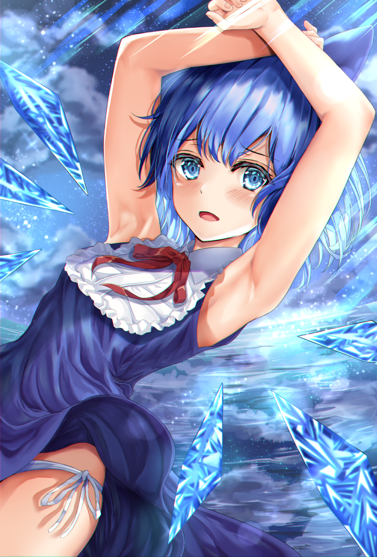 1girl armpits arms_up bangs blue_eyes blue_hair bow cirno crossed_arms dress dress_lift eyebrows_visible_through_hair hair_bow ice ice_wings kerotsupii_deisuku looking_at_viewer night night_sky open_mouth panties ribbon short_hair side-tie_panties sky sleeveless sleeveless_dress snow solo star_(sky) starry_sky touhou underwear water white_panties wings
