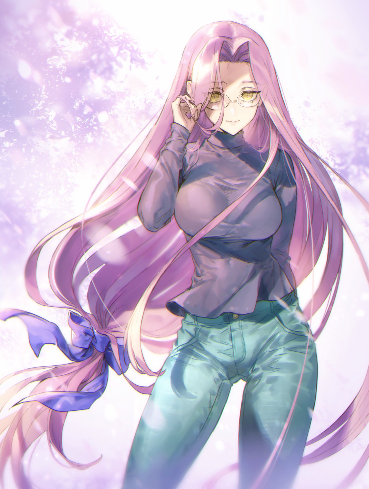 1girl bikkusama black_sweater blue_pants blue_ribbon breasts casual closed_mouth commentary_request cute denim emiya-san_chi_no_kyou_no_gohan eyebrows_visible_through_hair fate/stay_night fate_(series) floating_hair forehead glasses hair_ribbon hand_in_hair heaven's_feel highres jeans large_breasts lips long_hair long_sleeves looking_at_viewer medusa_(fate)_(all) nangoku_(bikku) pants pink_hair ribbon rider smile solo sweater turtleneck turtleneck_sweater type-moon very_long_hair yellow_eyes