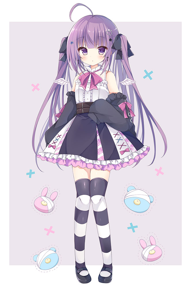 1girl ahoge bangs black_legwear black_ribbon blush bow cross detached_sleeves hair_ornament hair_ribbon heart heart_hair_ornament long_hair mini_wings original picpicgram purple_bow purple_hair ribbon solo striped striped_legwear thigh-highs twintails violet_eyes white_legwear zettai_ryouiki