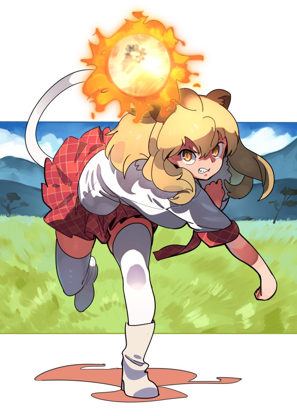 1girl animal_ears baseball blonde_hair boots fireball grasslands highres kazue_nishiki kemono_friends lion_(kemono_friends) lion_tail long_hair mountainous_horizon outdoors pitching pleated_skirt short_sleeves skirt solo tail thigh-highs throwing white_legwear yellow_eyes