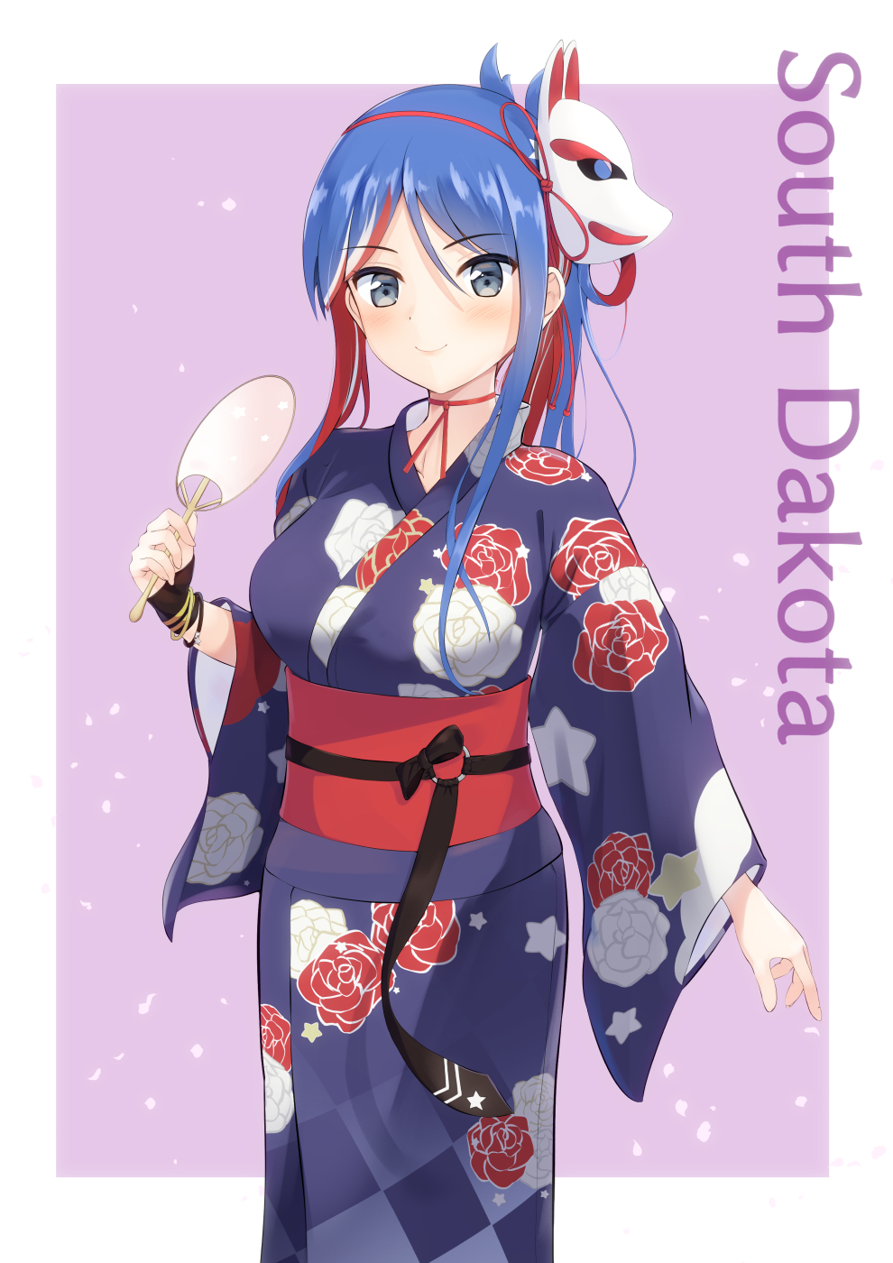 1girl blue_hair blue_kimono breasts character_name floral_print food fox_mask highres holding holding_food japanese_clothes kantai_collection kimono large_breasts long_hair mask mask_on_head multicolored_hair obi ochikata_kage print_kimono redhead sash smile solo south_dakota_(kantai_collection) standing star_(symbol) star_print white_hair wide_sleeves yukata