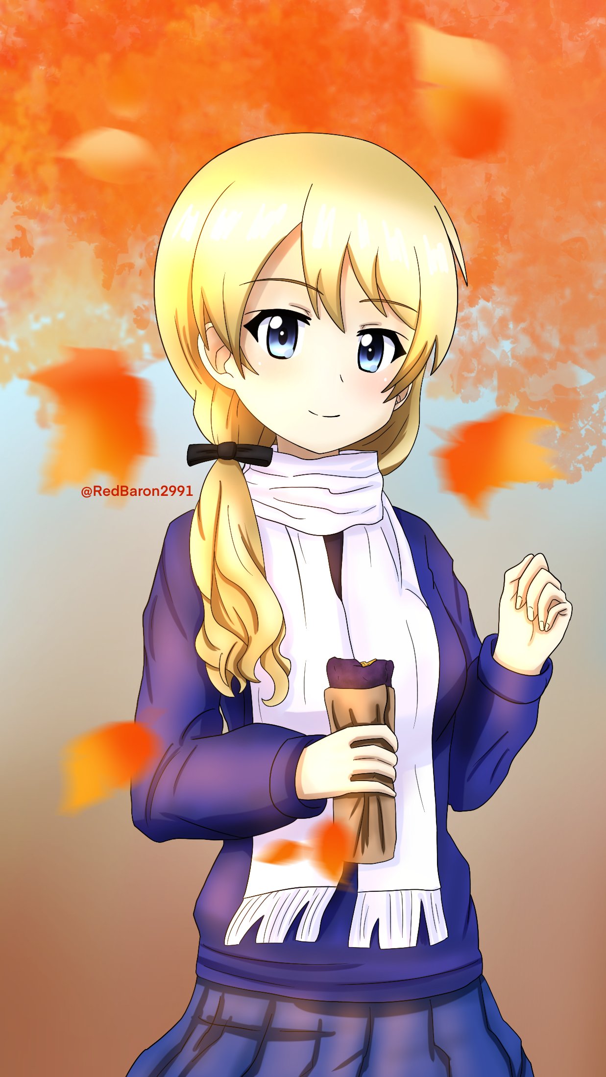 alternate_hairstyle autumn_leaves black_bow blonde_hair blue_eyes blue_skirt blue_sweater blush bow darjeeling_(girls_und_panzer) eyebrows_visible_through_hair falling_leaves food girls_und_panzer hair_bow highres holding leaf long_hair long_sleeves looking_at_viewer low_ponytail maple_leaf pleated_skirt redbaron scarf school_uniform skirt smile st._gloriana's_school_uniform sweater sweet_potato twitter_username white_scarf