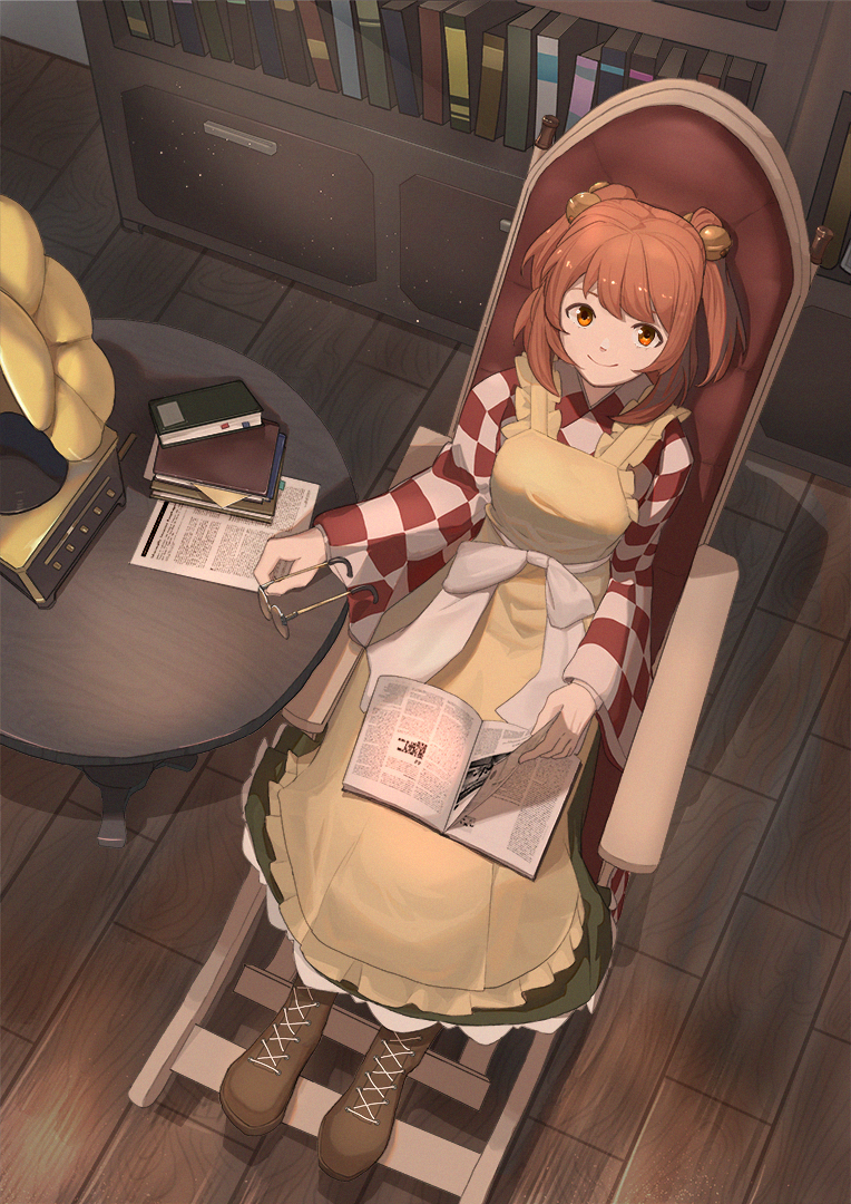 1girl apron bell book bookshelf casterluex chair checkered checkered_shirt from_above glasses green_skirt hair_bell hair_ornament looking_at_viewer motoori_kosuzu phonograph red_eyes redhead shirt sitting skirt smile solo table touhou turning_page two_side_up wooden_floor yellow_apron