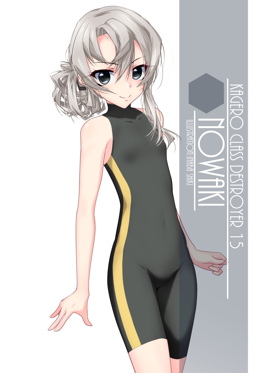 1girl artist_name asymmetrical_hair bangs black_wetsuit character_name commentary_request cowboy_shot flat_chest flipped_hair grey_eyes highres inaba_shiki kantai_collection nowaki_(kantai_collection) silver_hair simple_background sleeveless smile solo standing swept_bangs wetsuit white_background