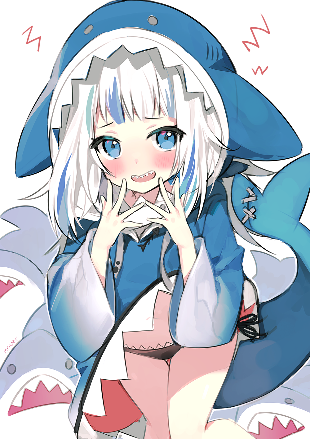 1girl artist_name ayamy bangs black_panties blue_eyes blue_hair blunt_bangs blush commentary_request gawr_gura hands_up highres hololive hood hood_up long_sleeves looking_at_viewer medium_hair multicolored_hair open_mouth panties shark shark_hood shark_tail sharp_teeth side-tie_panties simple_background smile solo streaked_hair tail teeth underwear virtual_youtuber white_background white_hair